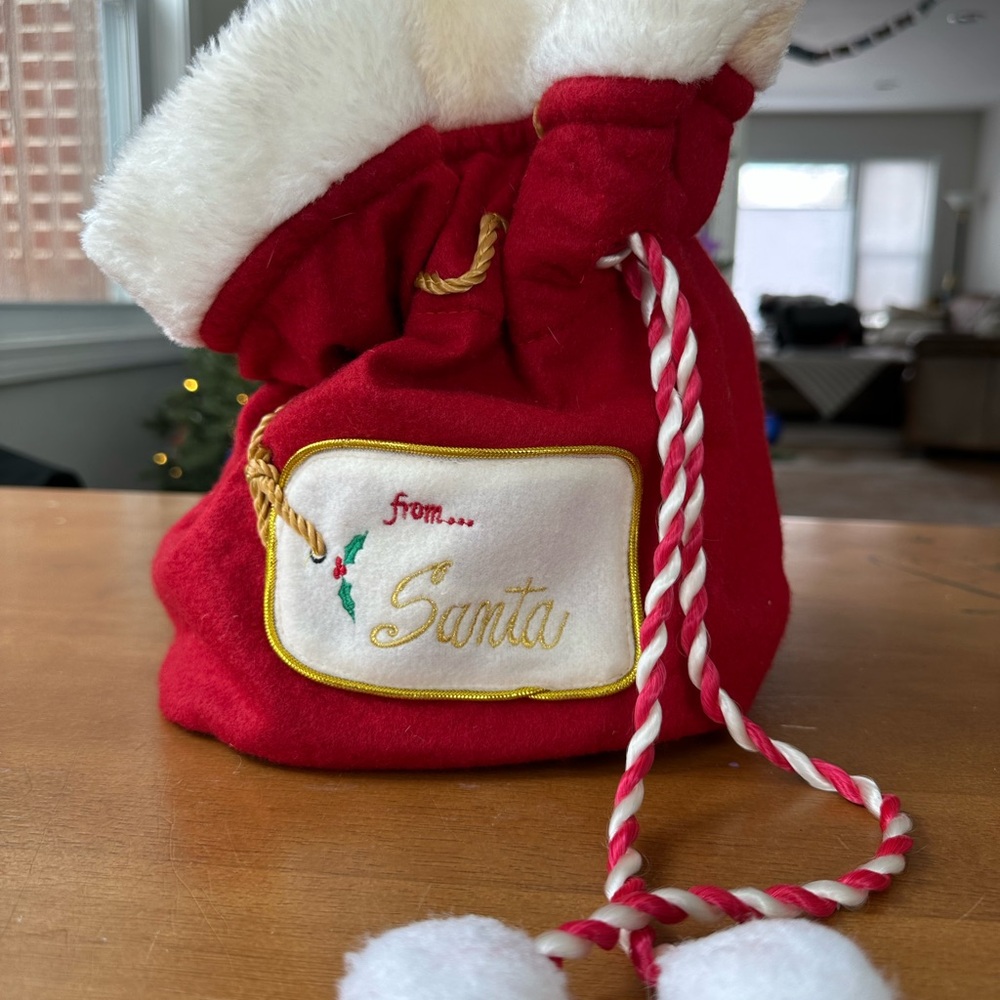 Two (2) Matching Holiday Santa Fabric Gift Bag with White Trim